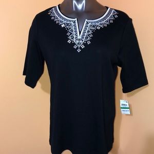 Karen Scott Metal Stud Top L Black Embroidered NWT